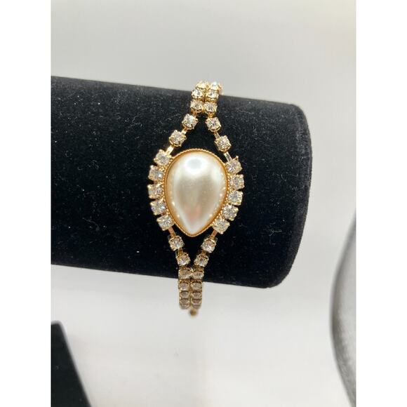 Art Deco Faux Pearl Rhinestone Tennis 9" Bracelet Vintage! - Picture 2 of 7